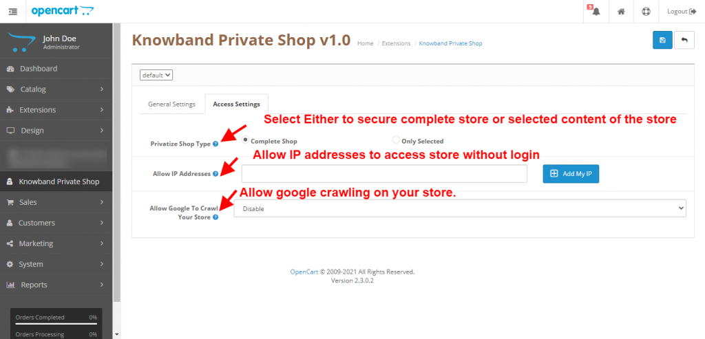 Extensão de loja privada knowband OpenCart-4-2