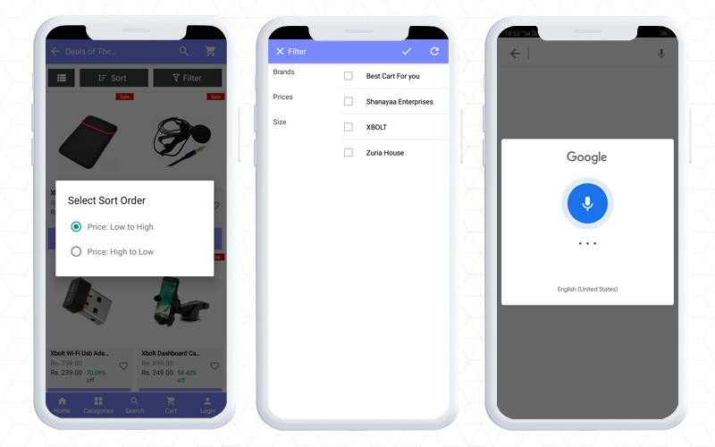 filtros ordenados, voz, opencart, aplicación para Android