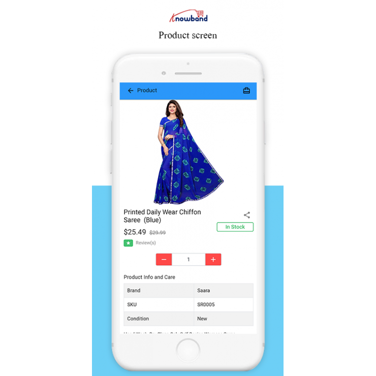 stepper di importo sulla pagina del prodotto nell'app Prestashop PWA Mobile di knowband