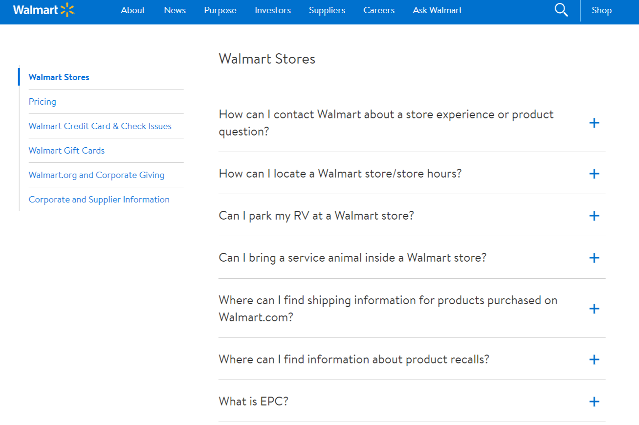 Ein Hilfebereich mit Lösungen zu zahlreichen häufig gestellten Fragen ist auch auf der Walmart-Website verfügbar.