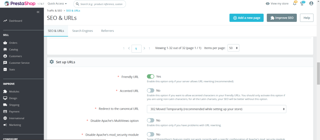 Enable Friendly URLs in PrestaShop - Scroll down to the Set Up URLs section