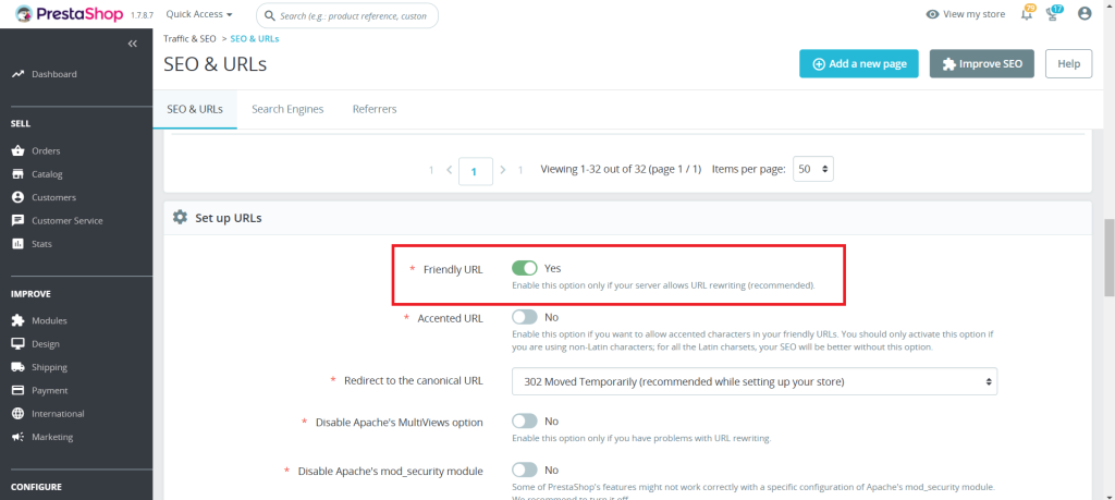 Enable Friendly URLs in PrestaShop - Toggle the Friendly URL option to, Yes