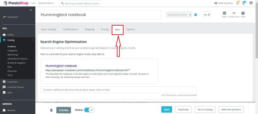 Optimize Individual Product URLs - Navigate to the SEO tab
