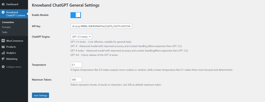 Knowband WooCommerce ChatGPT Content Generator Plugin General Setting Tab