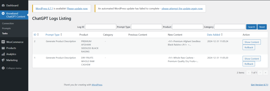 Knowband WooCommerce ChatGPT Content Generator Plugin Task Log