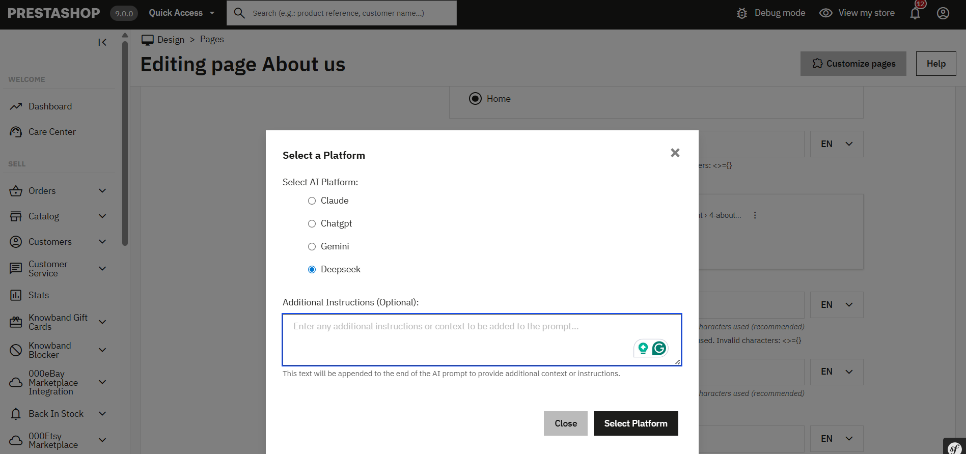 Selecting the AI Models and adding additional prompt on individual CMS Pages in Prestashop AI Content Generator Module