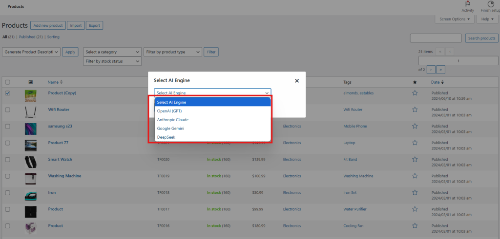 Schermata di selezione dei motori di intelligenza artificiale in WooCommerce AI Content Generator durante il processo di generazione dei contenuti del prodotto