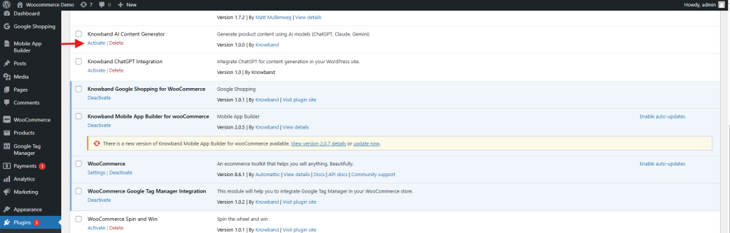 Activation of AI Content Generator for WooCommerce