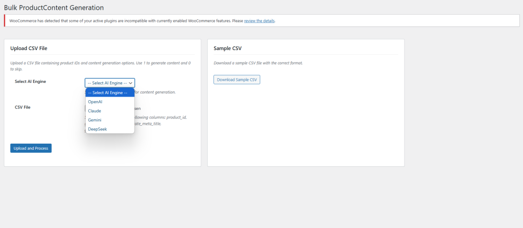 Schermata di selezione del motore di intelligenza artificiale per prodotti in blocco in WooCommerce AI Content Generator che consente agli utenti di scegliere modelli di intelligenza artificiale per la generazione di contenuti