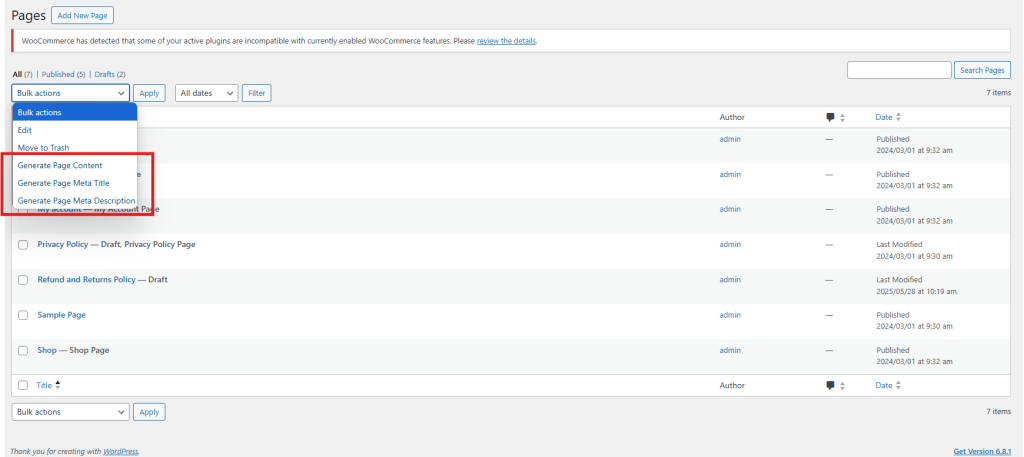 Funzionalità di generazione di contenuti per pagine CMS in WooCommerce AI Content Generator per la creazione di testo generato dall'intelligenza artificiale sulle pagine del sito web