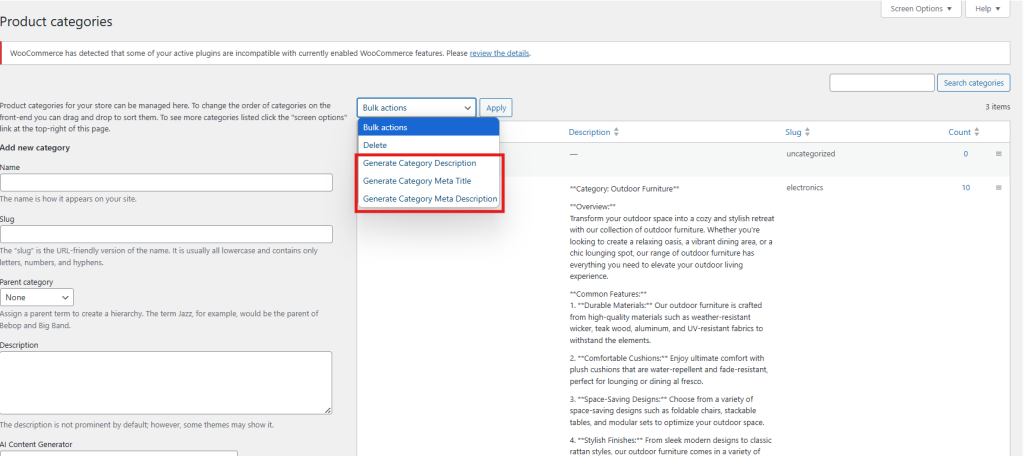 Interfaccia di generazione di contenuti di categoria in WooCommerce AI Content Generator che crea descrizioni e metadati generati dall'intelligenza artificiale per le categorie di prodotti