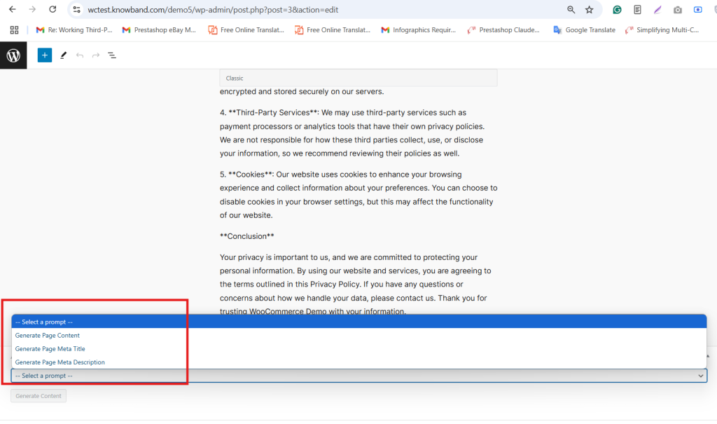 Interfaccia del generatore di contenuti AI di WooCommerce che genera contenuti per una singola pagina di prodotto