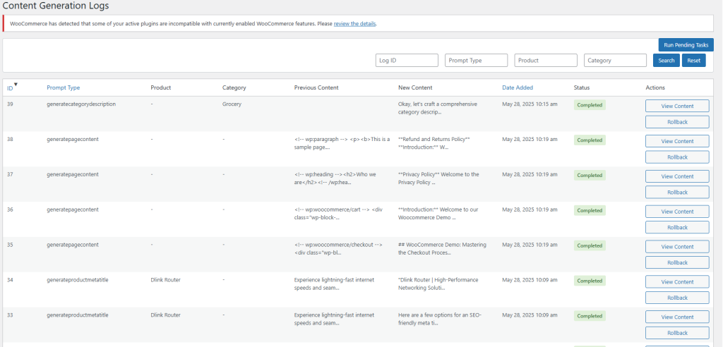 Dashboard di amministrazione che mostra i registri delle attività per i contenuti generati dall'intelligenza artificiale in WooCommerce