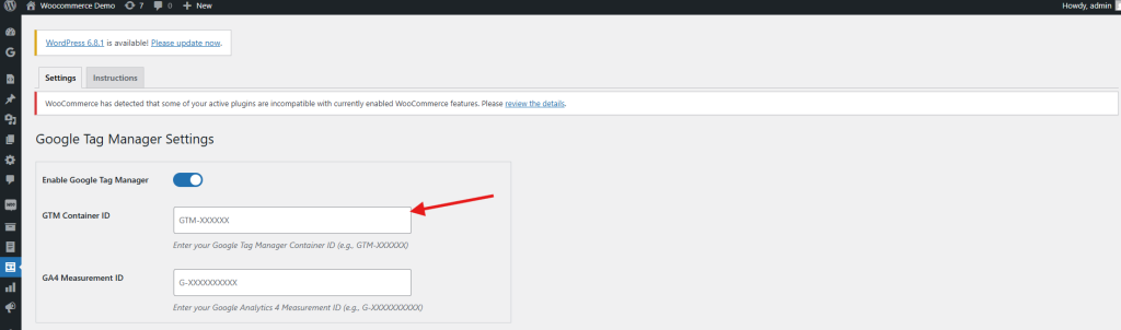 WooCommerce Google Tag Manager plugin settings screen showing container ID input field