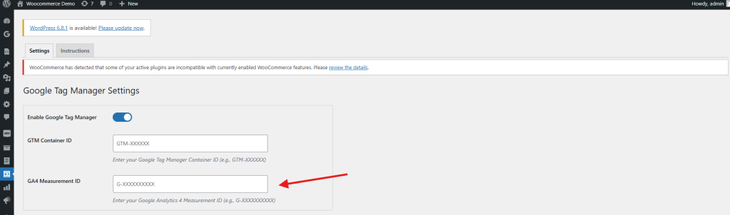 WooCommerce Google Tag Manager plugin settings screen showing Google Analytics measurement ID input field