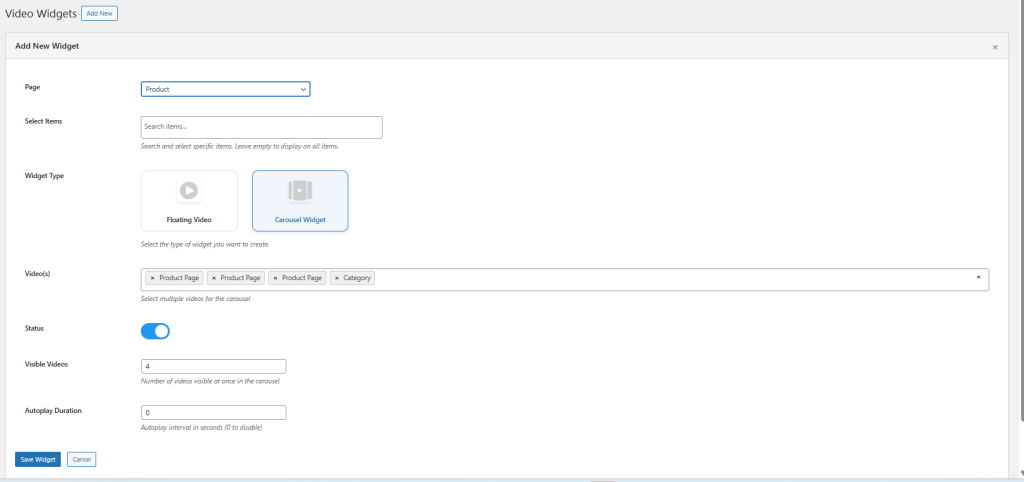 Frontend view of the carousel widget displaying product videos using the WooCommerce Video Manager plugin