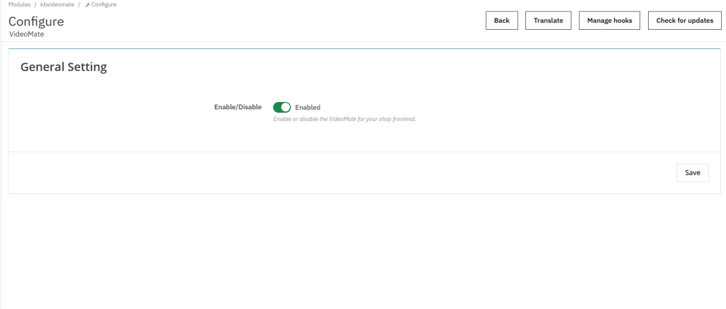 Vue du panneau d'administration du paramètre de bascule Activer/Désactiver dans le module Prestashop VideoMate de Knowband, permettant l'activation ou la désactivation des fonctionnalités d'affichage vidéo.