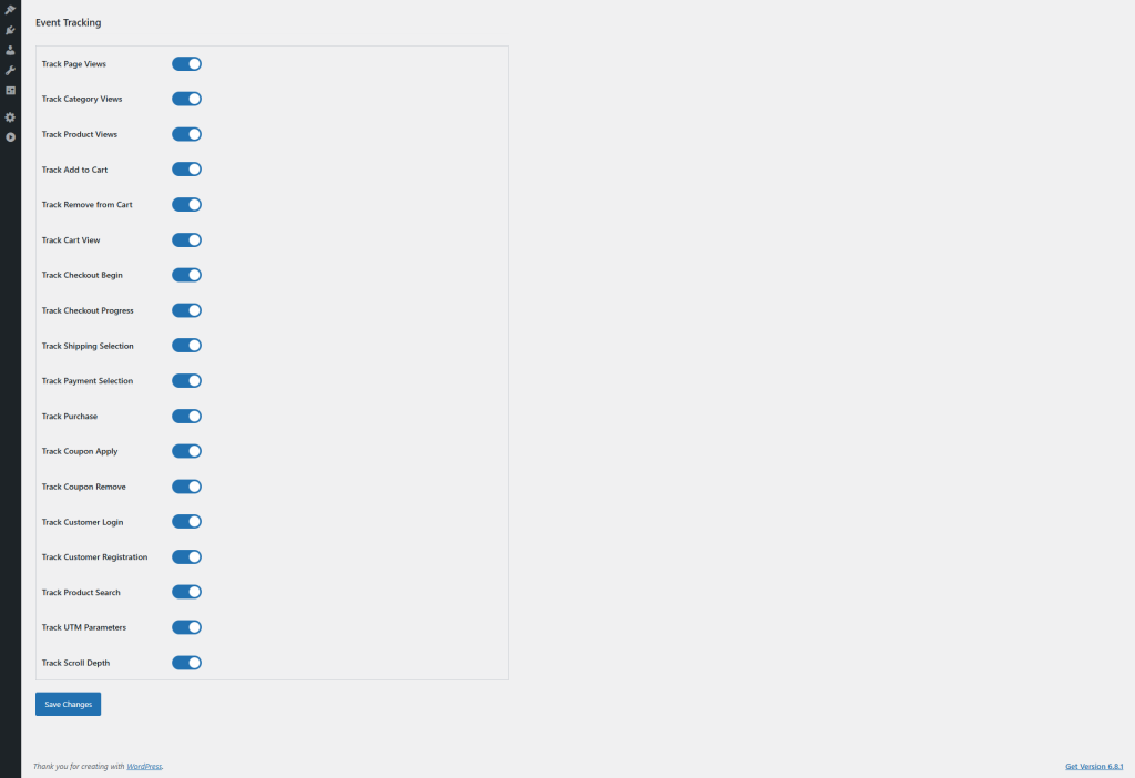 Google Tag Manager setup screen showing WooCommerce event tracking configuration