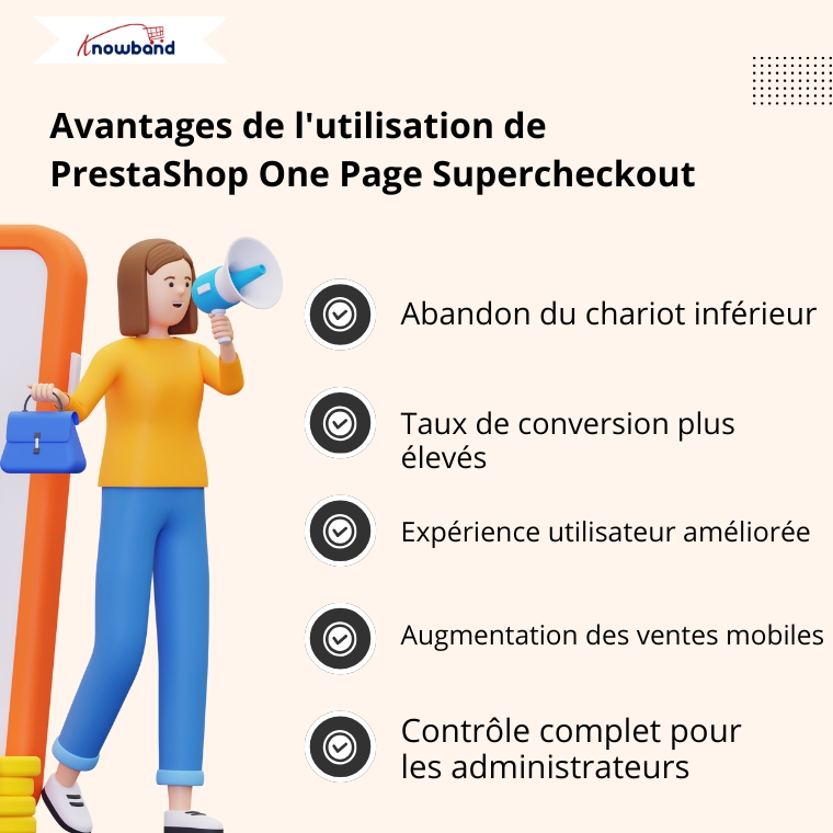Illustration mettant en évidence les principaux avantages de l'addon Prestashop One Page Supercheckout, tels que la réduction des abandons de panier, un passage en caisse plus rapide et une meilleure expérience mobile.