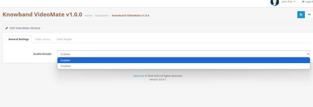 Panneau de configuration générale de l'extension OpenCart Video Manager, affichant les options de configuration pour la gestion de l'intégration vidéo.