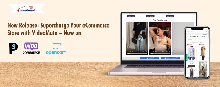 Promotional banner highlighting the launch of VideoMate addon for PrestaShop, WooCommerce, and OpenCart, featuring video carousels, floating video widgets, and product video integration.