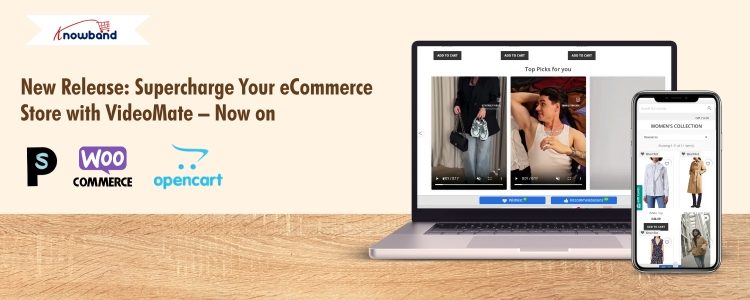 Promotional banner highlighting the launch of VideoMate addon for PrestaShop, WooCommerce, and OpenCart, featuring video carousels, floating video widgets, and product video integration.