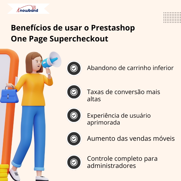 Uma representação visual do processo de checkout de uma página no Prestashop, evidenciando benefícios como menos abandono de carrinho, finalização mais rápida e maior usabilidade para o cliente.
