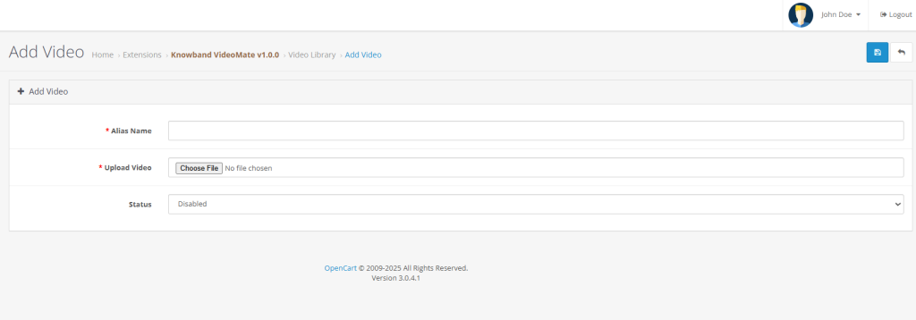 Interface d'administration montrant le processus d'ajout d'une nouvelle vidéo à la bibliothèque à l'aide de l'extension OpenCart Video Manager, y compris les champs pour le titre et la vidéo.