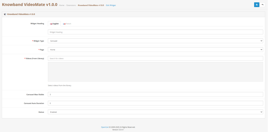Écran de configuration des widgets dans l'extension OpenCart Product Video Manager, affichant les options permettant de créer et de personnaliser des widgets d'affichage vidéo.