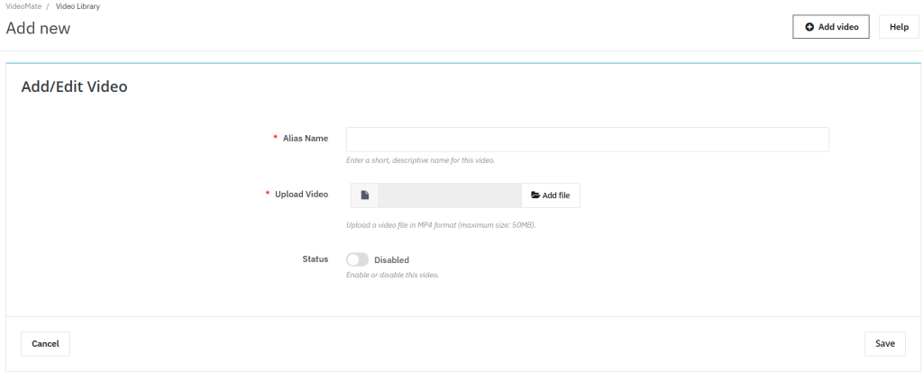 Interface de didacticiel étape par étape montrant comment ajouter des vidéos à la bibliothèque vidéo dans le module Prestashop VideoMate de Knowband avec des instructions numérotées et des champs de formulaire