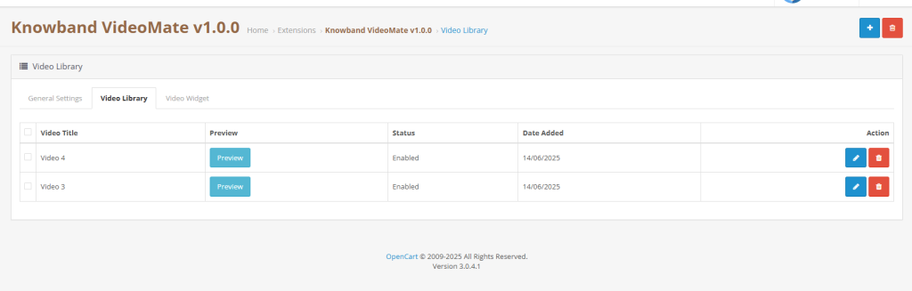 Tableau de bord de la bibliothèque vidéo dans l'extension OpenCart Video Manager, affichant une liste des vidéos ajoutées avec des détails tels que le titre, la source et le statut.