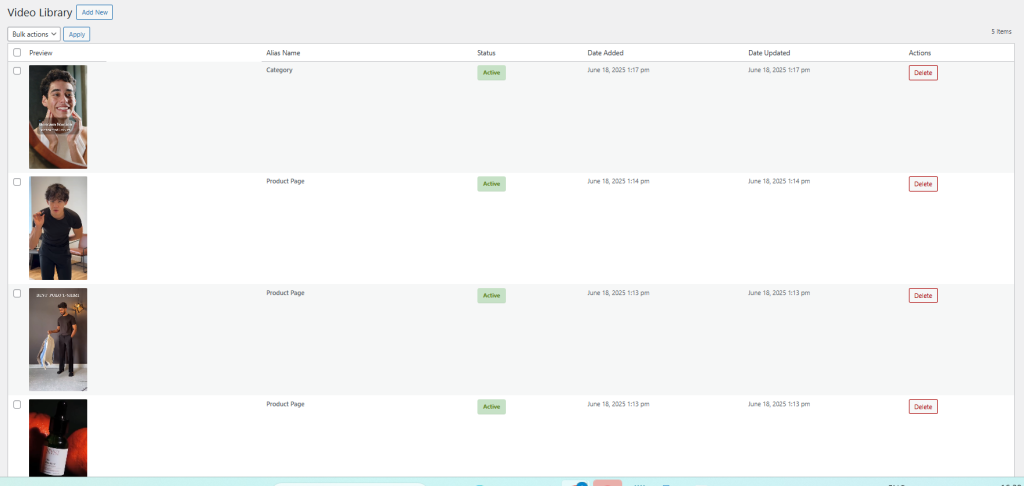 Video library section in the WooCommerce Video Manager extension displaying uploaded product videos in the WordPress admin panel