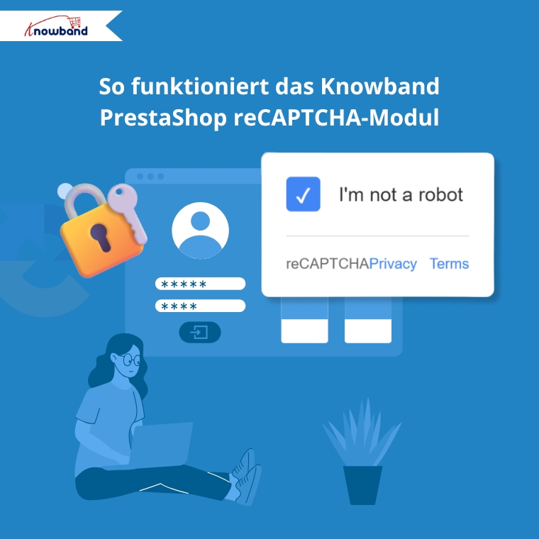 Diagramm, das zeigt, wie das Knowband reCAPTCHA-Modul für PrestaShop funktioniert, einschließlich Benutzerinteraktion, CAPTCHA-Prüfung und Sicherheitsfilterung.