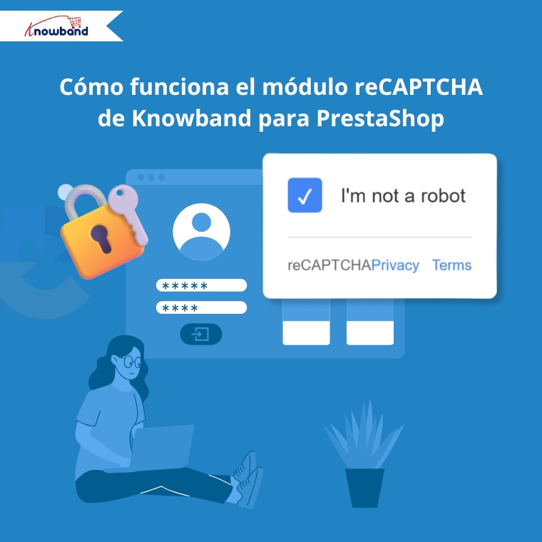 Diagrama que muestra cómo funciona el módulo reCAPTCHA de Knowband para PrestaShop, incluyendo la interacción del usuario, la verificación CAPTCHA y el filtrado de seguridad.
