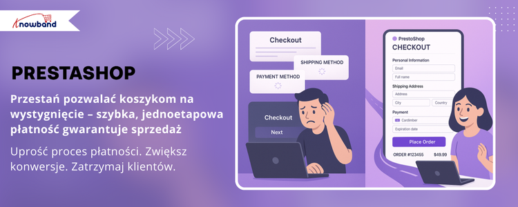 Ilustracja PrestaShop One Page Checkout pokazująca szybki, jednoetapowy proces realizacji zamówienia, który pozwala ograniczyć liczbę porzuconych koszyków i zwiększyć sprzedaż.