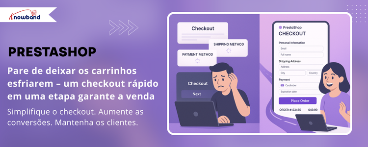 Ilustração de checkout de uma página do PrestaShop mostrando um processo de checkout rápido e de etapa única para reduzir o abandono de carrinho e aumentar as vendas.