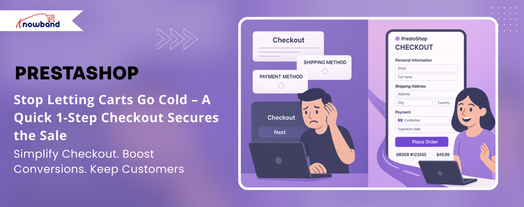 PrestaShop One Page Checkout illustration showing a fast, single-step checkout process to reduce cart abandonment and boost sales.