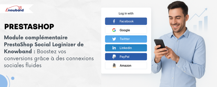 Un module Prestashop développé par Knowband qui permet aux clients de se connecter facilement via leurs comptes de réseaux sociaux, améliorant ainsi l’expérience utilisateur et le taux de conversion.