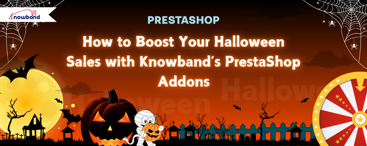 Halloween-themed promotional banner showing Knowband’s PrestaShop Addons — Gift Card Manager, Decoration Effect, and Spin & Win Module with pumpkins, bats, and festive graphics promoting higher holiday sales.