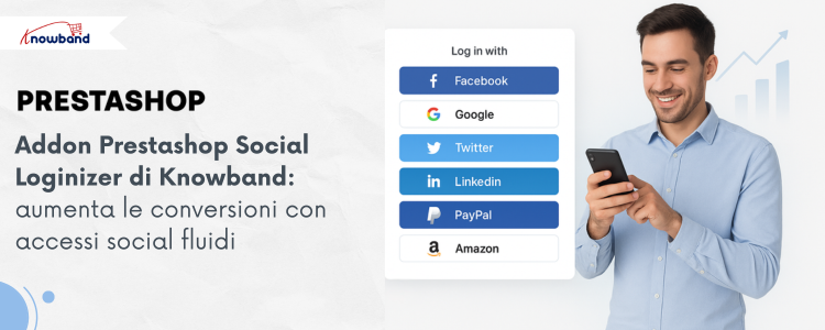 Ein Prestashop-Addon von Knowband, das Kunden ermöglicht, sich schnell über ihre Social-Media-Konten anzumelden, um die Benutzerfreundlichkeit und Conversion-Rate zu verbessern.