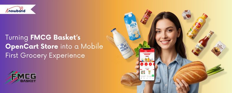 FMCG Basket OpenCart store transformed into a mobile-first grocery app for Dubai customers, showcasing Russian and European food products on a smartphone screen