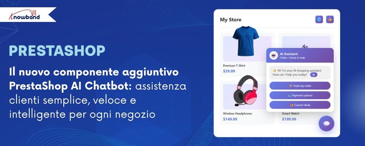 Componente aggiuntivo PrestaShop AI Chatbot di Knowband che offre assistenza clienti immediata sui negozi di e-commerce.
