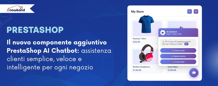 Componente aggiuntivo PrestaShop AI Chatbot di Knowband che offre assistenza clienti immediata sui negozi di e-commerce.