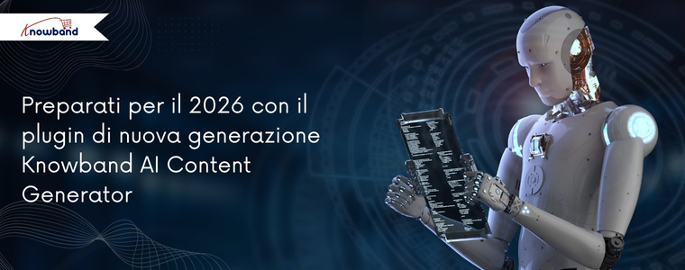 Un’immagine promozionale moderna che presenta il “Plugin Knowband di nuova generazione per la generazione di contenuti AI 2026”. Il design include elementi futuristici, icone AI e uno sfondo tecnologico. I loghi di Prestashop, WooCommerce e OpenCart sono mostrati per evidenziare la compatibilità.