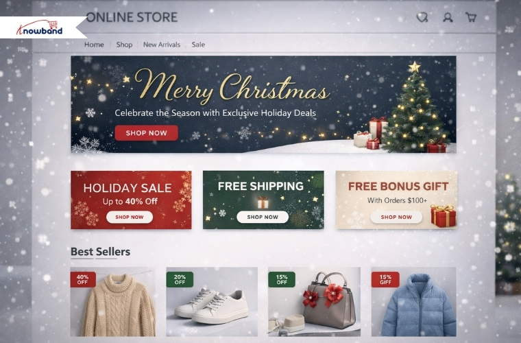 Knowband Prestashop Website Decorator addon showcasing Christmas-themed store decorations with festive banners, lights, and snow effects