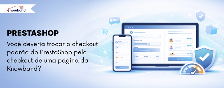 Comparação entre o checkout padrão do PrestaShop e o Knowband One Page Checkout, destacando um processo de compra mais rápido e fluido
