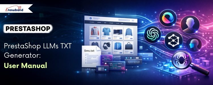 User manual for PrestaShop LLMs TXT Generator Module by Knowband showing setup and configuration steps