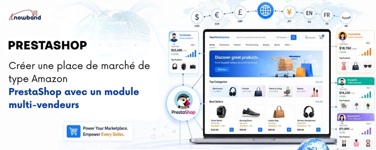 Le module de place de marché multi-vendeurs Knowband pour PrestaShop intègre un tableau de bord permettant la gestion des vendeurs et des fiches produits.