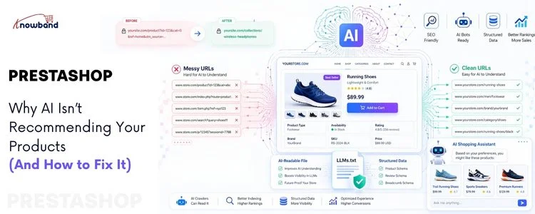 Knowband infographic on AI product visibility issues and fixes with PrestaShop llms.txt generator module