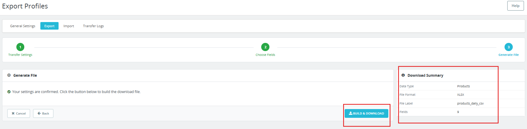 Generate File section under the Export section of the PrestaShop Bulk Import Export Module.